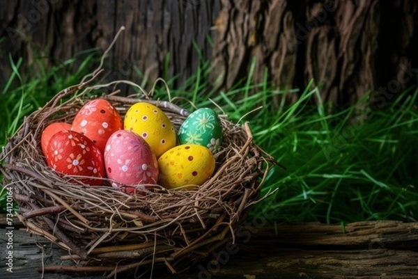Fototapeta Colorful painted happy easter eggs in birds nest basket on rustic wooden