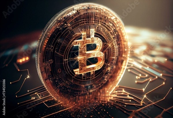 Fototapeta An abstract cryptocurrency concept, with symbol of bitcoin. Generative art. Generative AI