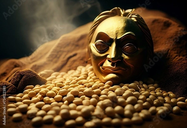 Fototapeta Beans for bean-throwing and masks of ogres placed on a Japanese-style golden background. Japanese ogres. Generative AI