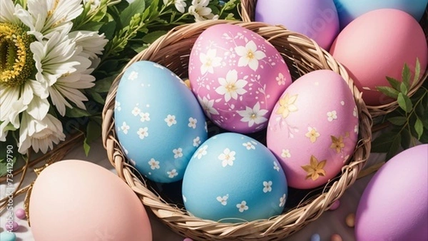 Obraz Background with colored chicken eggs. Background for Easter.
