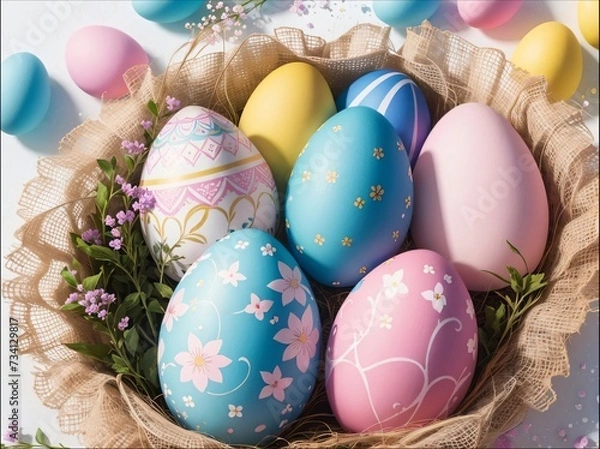 Obraz Background with colored chicken eggs. Background for Easter.
