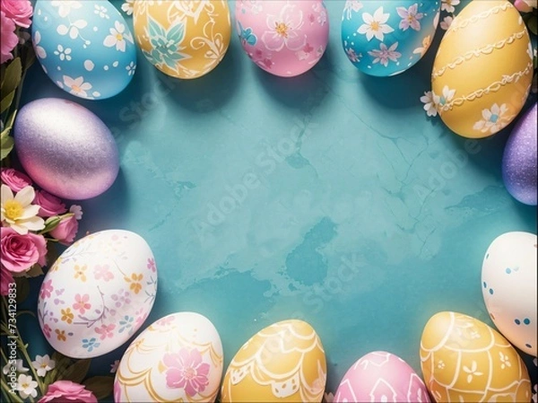 Obraz Background with colored chicken eggs. Background for Easter.