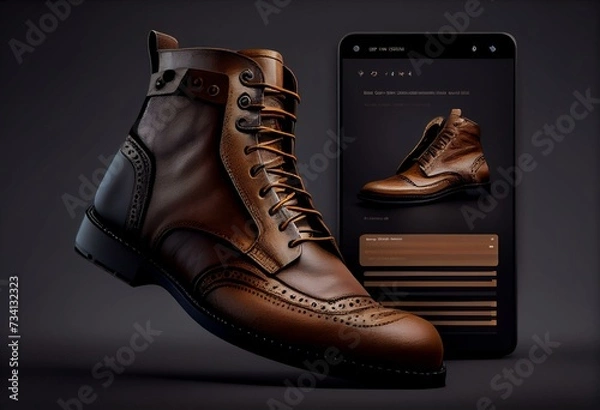 Fototapeta Male leather shoes online store, mobile phone app, website. Generative AI illustration