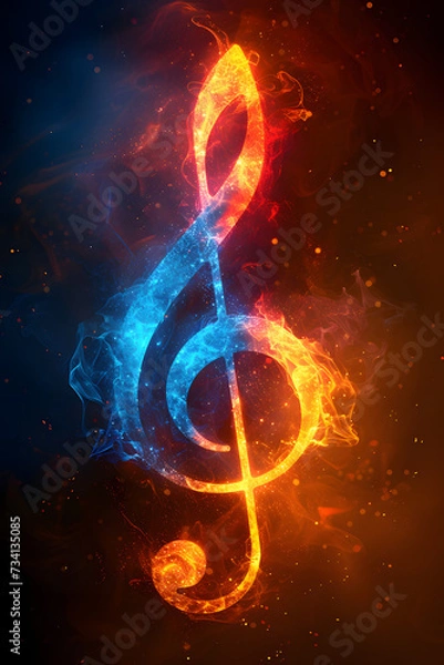 Fototapeta Vertical illustration of a glowing music G clef with colorful colors on black background
