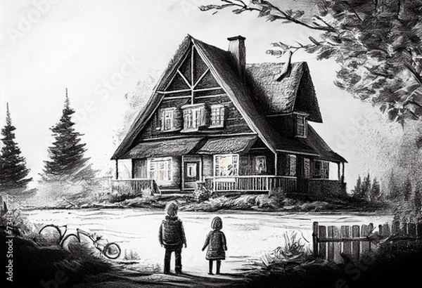 Obraz Child drawing of a family house. Pencil art in childish style. Generative AI