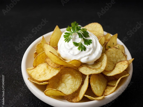 Fototapeta Potato chips with sour cream and parsley on a black background