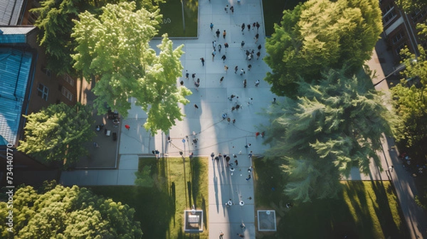 Fototapeta Aerial view of a school campus bustling with students during break time