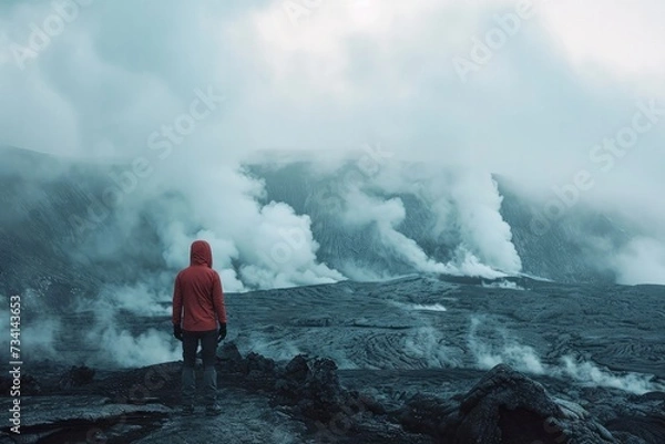 Fototapeta Man in red jacket standing on the edge of the crater of volcano.