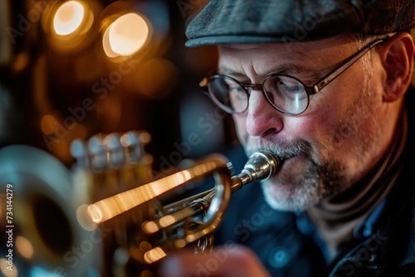 Obraz Senior man playing the trumpet in a night club, close-up