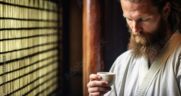 Obraz Close-up portrait of a bearded man in a kimono drinking coffee
