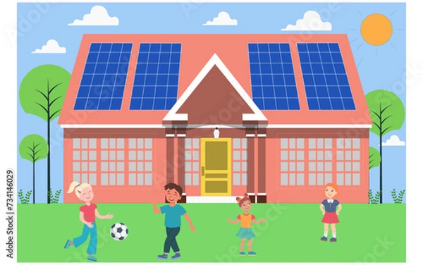 Obraz House with a solar panel on the rooftop. Solar energy concept. Vector illustration.