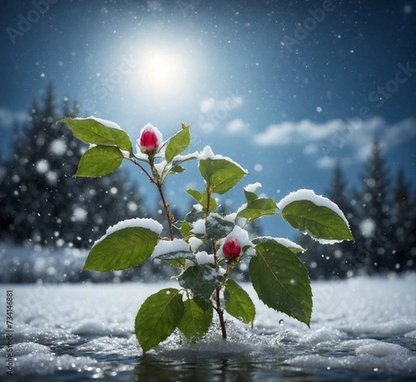 Obraz Winter landscape with snow-covered rose in the forest. Christmas background
