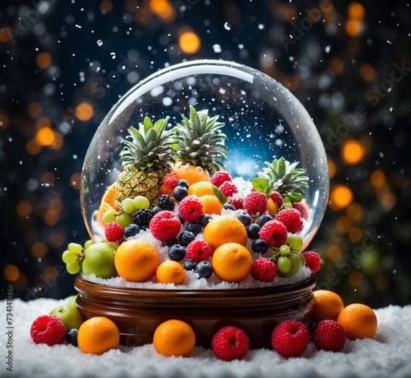 Obraz Snow globe with various fruits on snow and bokeh background.