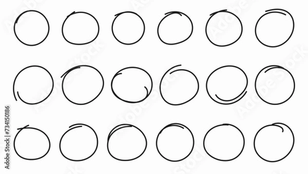 Fototapeta Hand drawn circle or oval line sketch set. Hand drawing circular scribble doodle round circles. Vector illustration for message note mark design element on an isolated white background.