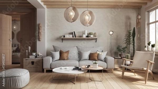 Fototapeta Living room interior designed in an eclectic way combining Scandinavian, Japandi and boho styles. Natural materials like wood and woven fabrics create a cohesive whole with warm colors. 3D render