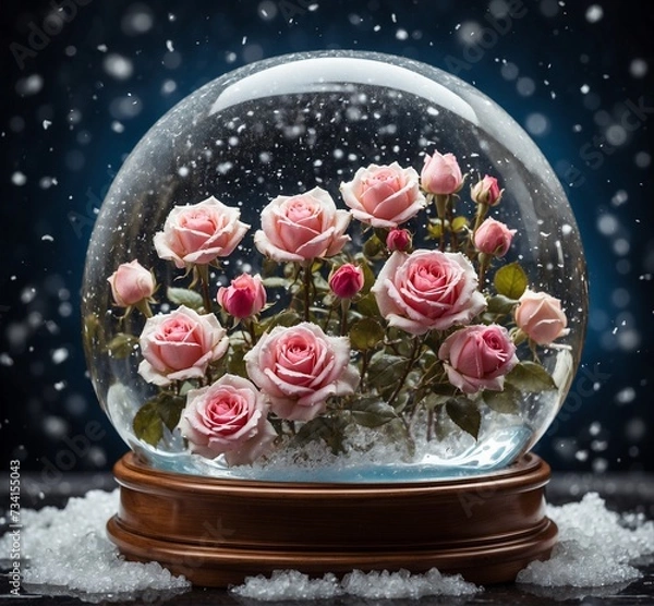 Obraz Beautiful pink roses in a snow globe on a dark wooden background.