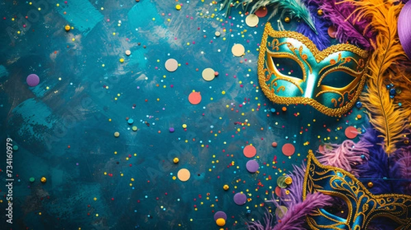 Fototapeta Capture the Essence of Mardi Gras with a Flat Background Featuring Masks, Beads, and a Kaleidoscope of Bright Colors, Providing Ample Copy Space for Your Creative Expression.