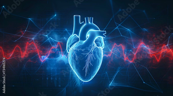 Fototapeta Digital 3D illustration of a human heart with blue digital red and blue cardiac pulse line. on a black background with copy space. Heart health, cardiology, cardiovascular disease concept