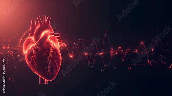 Fototapeta Abstract shape of human heart with digital red line of cardiac pulse. on a black background. Health, cardiology, cardiovascular disease concept