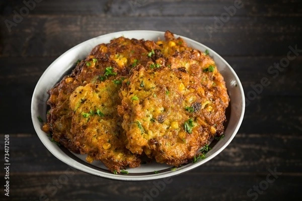 Fototapeta Top view of a plate of corn fritters.Perkedel Jagung or Bakwan Jagung. Corn fritters is Indonesian traditional food. Savory snack made of corn, flour, spring onion, and salt. Vegetarian food,Thai food
