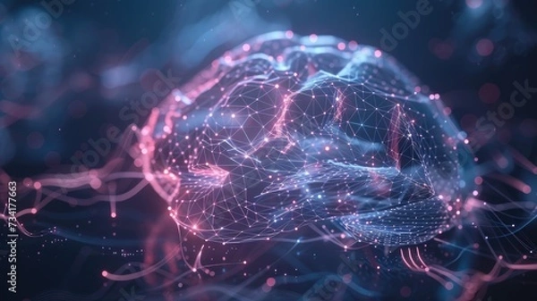 Obraz artificial intelligence and neural networks, wireframe hologram, seamlessly integrated into the digital landscape of the internet, blurring the lines between virtual and physical realities.