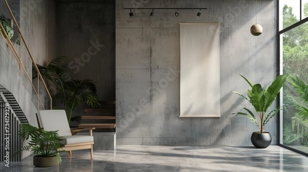 Obraz Contemporary house with hardwood flooring, plant fixture, and large window