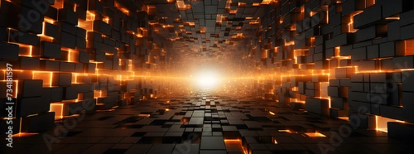 Fototapeta an image of black and orange blocks of fire falling to the ground, in the style of futuristic digital art, dark gold, mosaic graffiti, abstraction-création, softbox lighting, symmetrical grid, voxel a