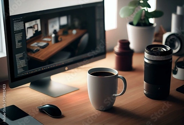 Obraz Close up of designer office interior with various objects, coffee cup and empty mock up place on white computer monitor. Wooden desktop. 3D Rendering. Generative AI