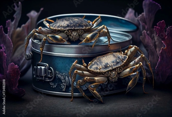 Obraz velvet crabs in an aged aluminum container. Generative AI