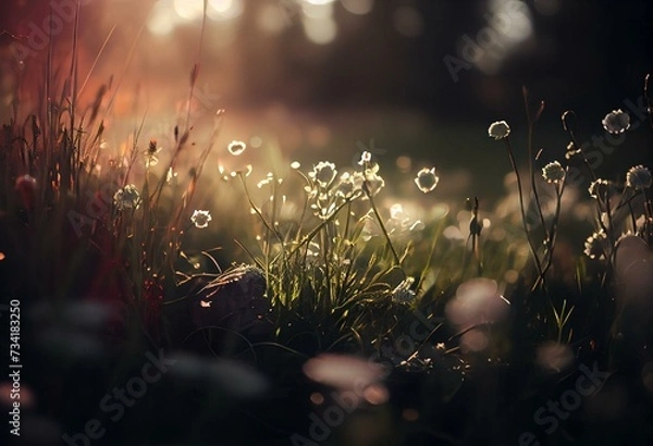 Obraz Meadow landscape with bright bokeh. Generative AI