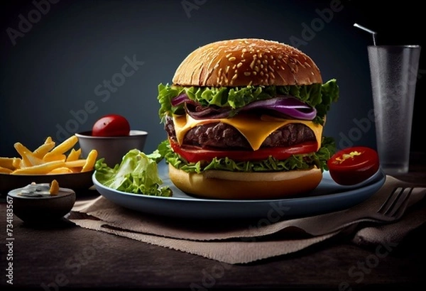 Obraz Fast food hamburger with meat and fries on plate burger on white isolated background. Generative AI