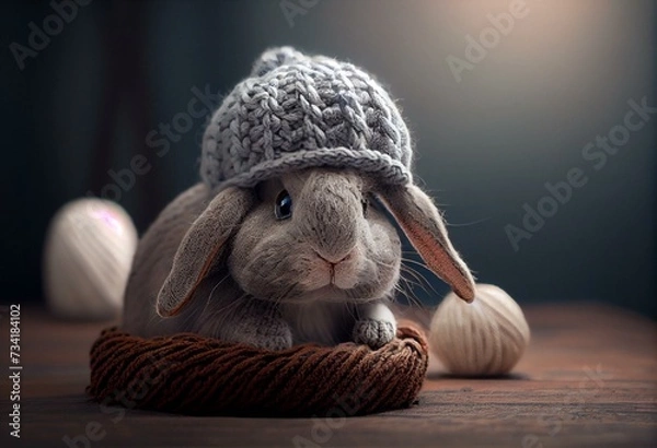 Obraz Cute grey bunny in knitted beanie hat. Easter theme. Generative AI