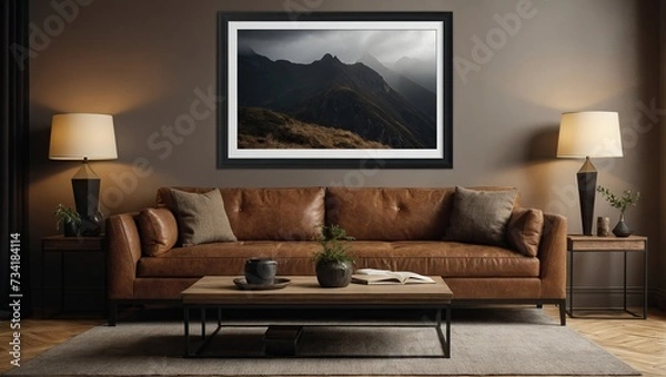 Fototapeta A large black blank picture frame hangs over a large brown sofa, mockup, horizontal, landscape format