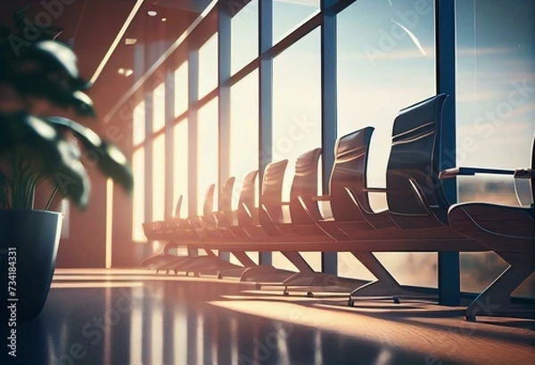 Obraz Business travel and avia concept with perspective view on light empty seat rows in sunlit spacious airport waiting area hall with huge panoramic windows and wooden floor. 3D rendering. Generative AI