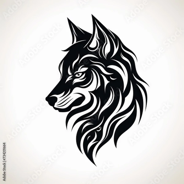 Fototapeta Wolf Head Tribal Vector Monochrome Silhouette Illustration Isolated on White Background - Tattoo - Clipart - Logo - Graphic Design Element