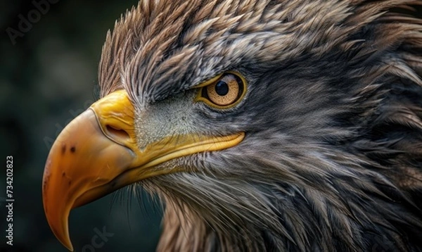 Fototapeta A macro portrait of amazing eagle, capturing the intricate patterns of its feathers and the striking details of its eyes and beak.