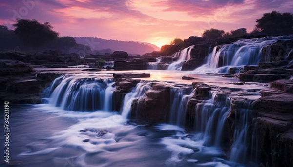 Fototapeta Majestic sunset over tropical rainforest, tranquil waterfall flows in motion generated by AI