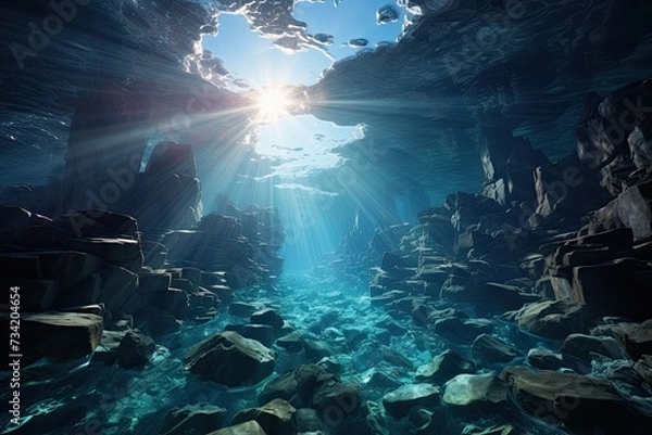 Fototapeta Ice cave lit in a glacier., generative IA