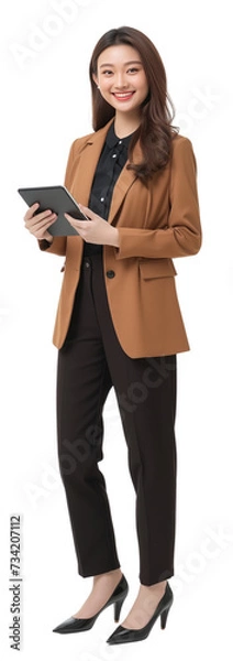 Fototapeta Portrait of a smiling business woman holding tablet and standing on isolate background