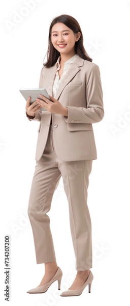 Fototapeta Portrait of a smiling business woman holding tablet standing isolate