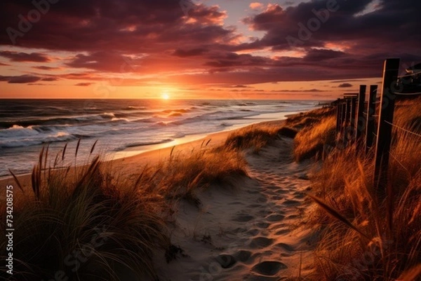 Fototapeta Golden sunset over undulating dunes., generative IA