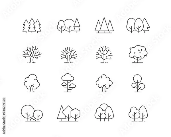 Fototapeta Trees and Woodland Icon collection containing 16 editable stroke icons. Perfect for logos, stats and infographics. Edit the thickness of the line in Adobe Illustrator (or any vector capable app).