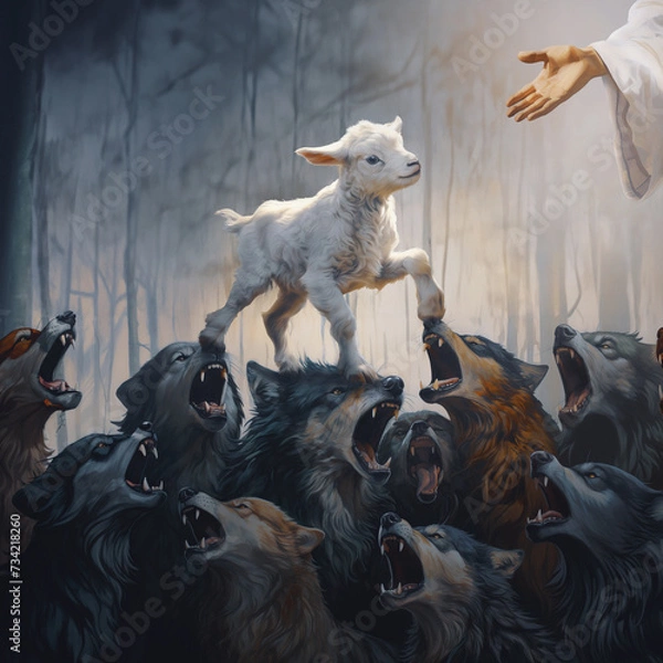 Obraz Lamb walking over wolves to Jesus