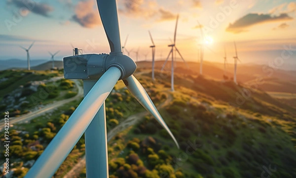 Obraz Close-up photo of Wind generators spinning in morning foggy mountain rural area with beautiful sunset time background. Green or clean energy industrial concept.