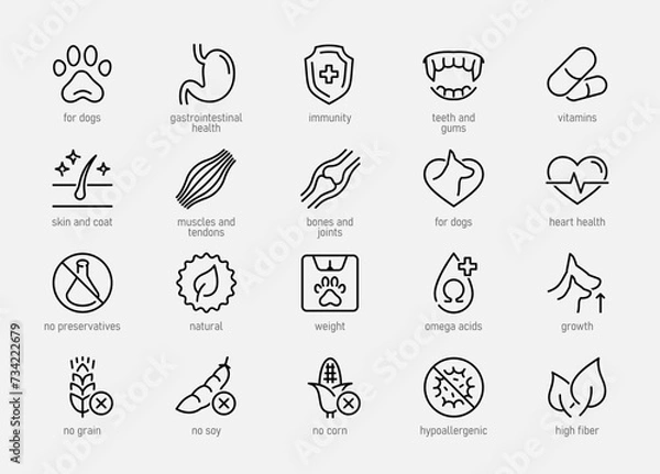 Fototapeta Dog Food Properties Vector Icon Set in Outline Style