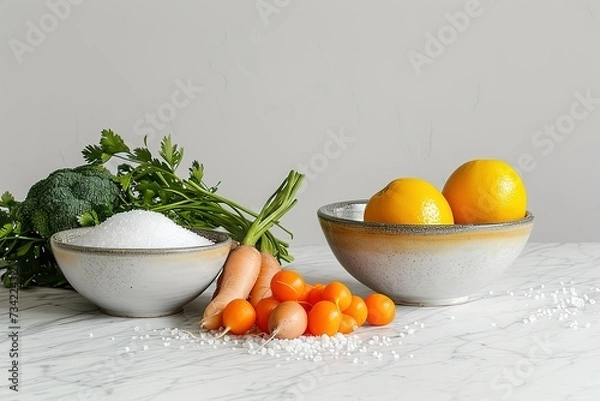 Fototapeta two bowls with salt and different kinds of vegetables on a white table