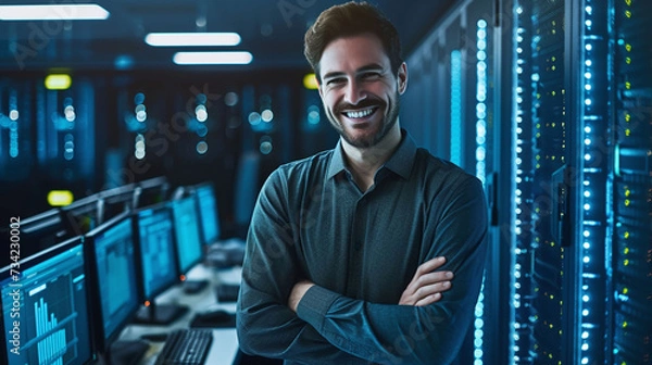 Obraz Confident IT engineer standing in server room data center arms crossed and smiling