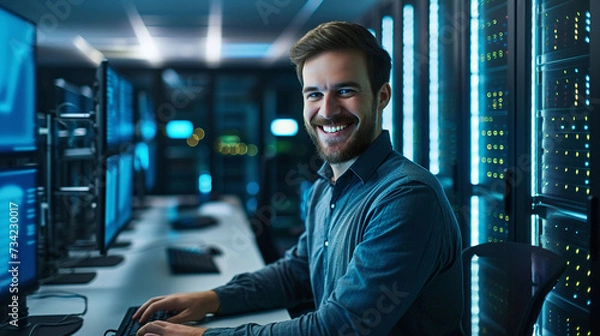 Obraz Smiling male IT technician working in server room data center