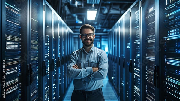 Fototapeta Confident IT engineer with glasses standing in server room data center arms crossed and smiling