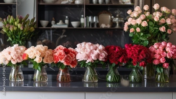 Obraz  a row of vases filled with pink and red flowers on top of a counter next to a shelf with other vases of flowers on top of a counter.